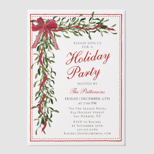 Holiday Party Mistletoe Bow Modern Christmas Party Pergament Einladungen (Vorderseite)