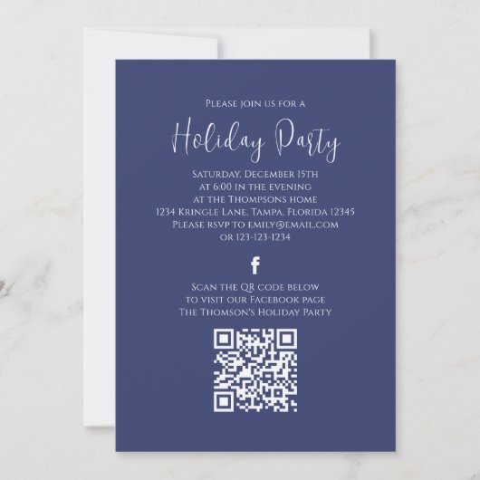 Holiday Party Navy Blue Snowflake QR Code Facebook Einladung (Vorderseite)