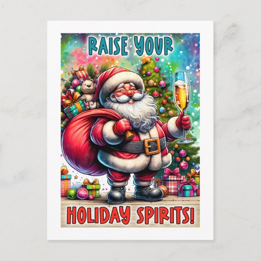 Holiday Party Santa – Champagne, Tree & Teddy Bear Postkarte (Vorderseite)