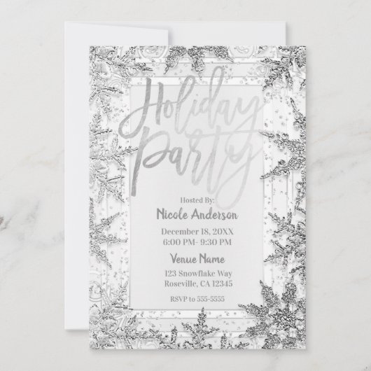 HOLIDAY PARTY Silver Snowflakes Modernes Skript Einladung (Vorderseite)