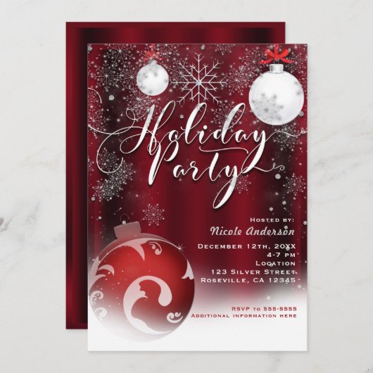 Holiday Party Snowflake Rote Silber Ornamente Einladung (Vorne/Hinten)