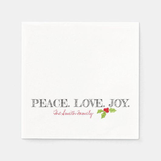 Holiday Peace Liebe Joy Familienname Text Holly Serviette (Vorderseite)