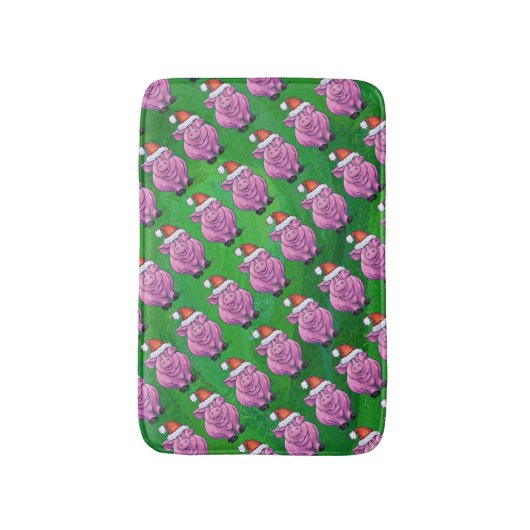 Holiday Pig in Weihnachtsmannmütze Pattern auf Grü Badematte (Vorderseite Vertikal)