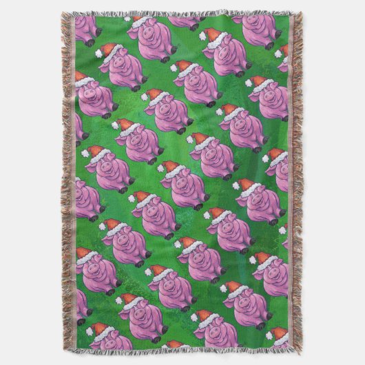 Holiday Pig in Weihnachtsmannmütze Pattern auf Grü Decke (Vorderseite Vertikal)
