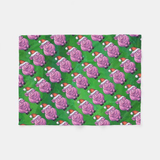 Holiday Pig in Weihnachtsmannmütze Pattern auf Grü Fleecedecke (Vorderseite (Horizontal))