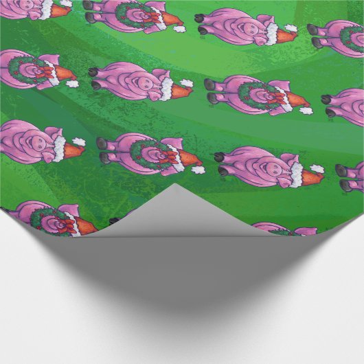 Holiday Pig in Weihnachtsmannmütze Pattern auf Grü Geschenkpapier (Ecke)