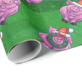 Holiday Pig in Weihnachtsmannmütze Pattern auf Grü Geschenkpapier (Rolleneckpunkt)