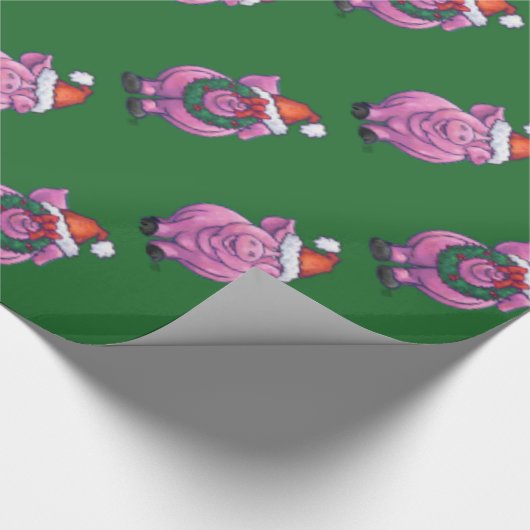 Holiday Pig in Weihnachtsmannmütze Pattern auf Grü Geschenkpapier (Ecke)