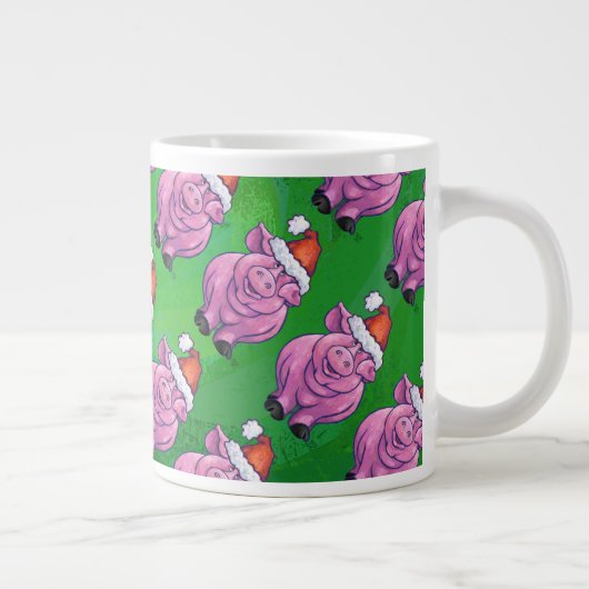 Holiday Pig in Weihnachtsmannmütze Pattern auf Grü Jumbo-Tasse (Rechts)