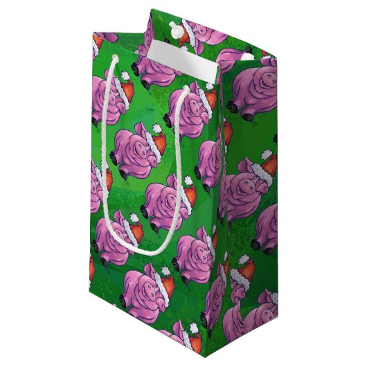 Holiday Pig in Weihnachtsmannmütze Pattern auf Grü Kleine Geschenktüte (Vorderseite Schrägansicht)