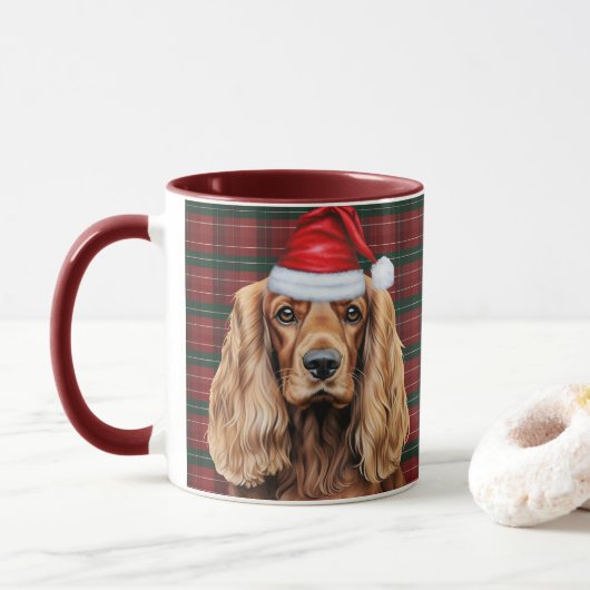 Holiday Plaid Cocker Spaniel Christmas Santa Dog Tasse (Mit Donut)