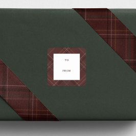 Holiday plaid maroon to and from Christmas gift Quadratischer Aufkleber