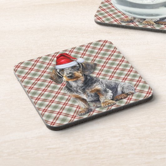 Holiday Plaid Wire Hair Dachshund Santa Dog Getränkeuntersetzer (Linke Seite)