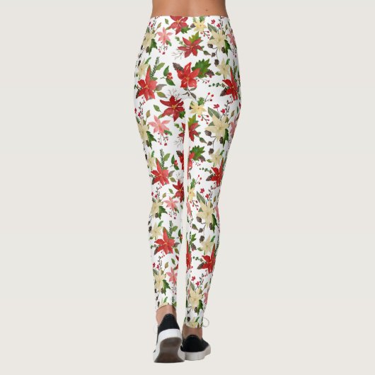 Holiday Poinsettia Holly Red Christmas Pattern Leggings (Rückseite)