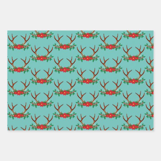 Holiday Poinsettia und Antler Geschenkpapier Set (Vorderseite 2)