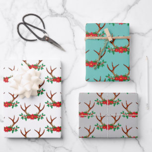 Holiday Poinsettia und Antler Geschenkpapier Set