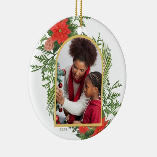 Holiday Poinsettia und Greenery Foto Keramik Ornament (Rechts)