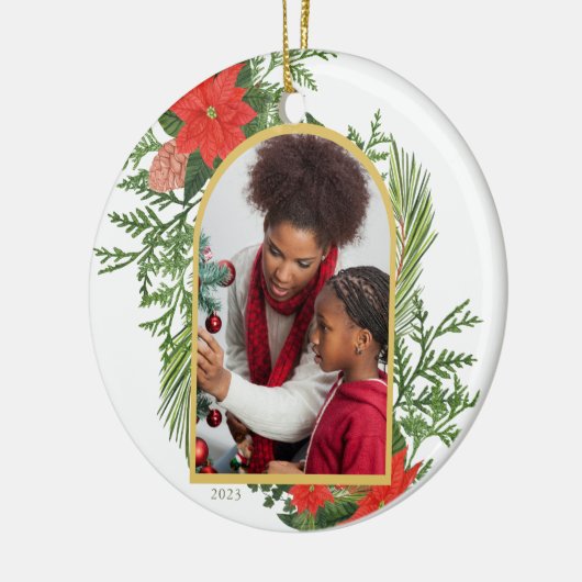 Holiday Poinsettia und Greenery Foto Keramik Ornament (Links)