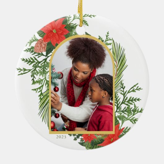 Holiday Poinsettia und Greenery Foto Keramik Ornament (Hinten)