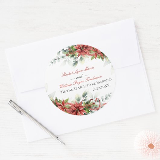 Holiday Poinsettia Wedding Classic Round Sticker (Umschlag)