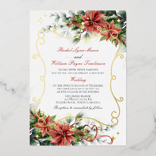 Holiday Poinsettia Wedding Folieneinladung (Vorderseite)