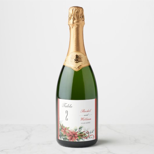Holiday Poinsettia Wedding Tischnummer Labels Schaumweinetikett (Vorderseite)