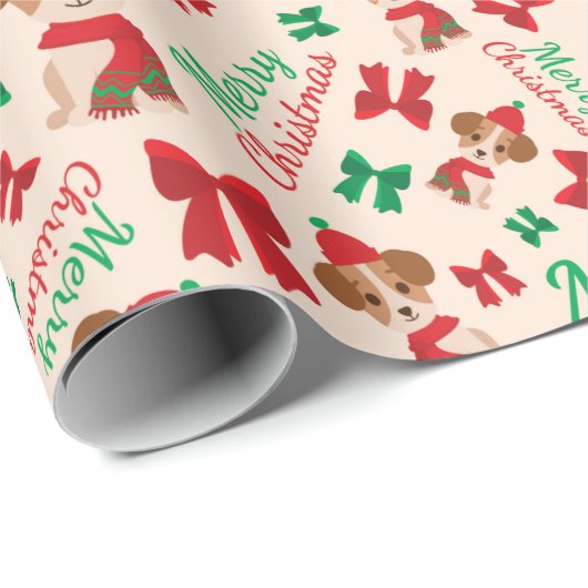 Holiday Puppies Rot und Grün Frohe Weihnachtsgesch Geschenkpapier (Rolleneckpunkt)