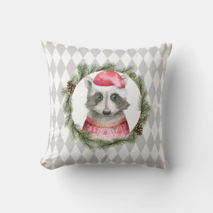 Holiday Raccoon und Pastel Gray Harlequin Muster Kissen