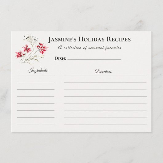 Holiday Recipe Card – Personalized Winter Floral D Ankündigung (Vorderseite)