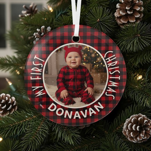 Holiday Red & Black Kariert First Christmas Custom Ornament Aus Glas