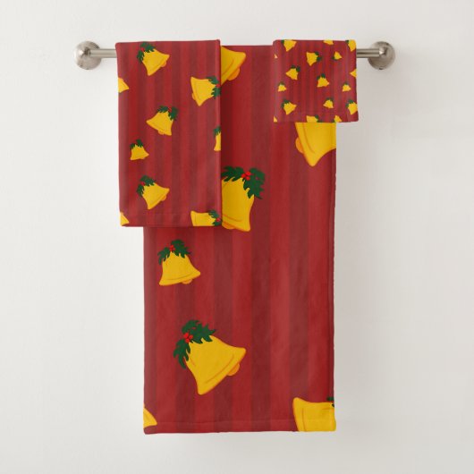 Holiday Red Gold Stripe Bells Christmas Badhandtuch Set (Insitu)