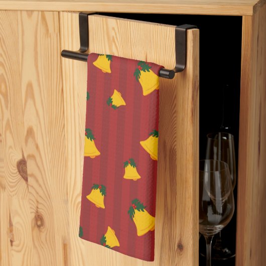 Holiday Red Gold Stripe Bells Christmas Geschirrtuch (Drittel gefaltet)