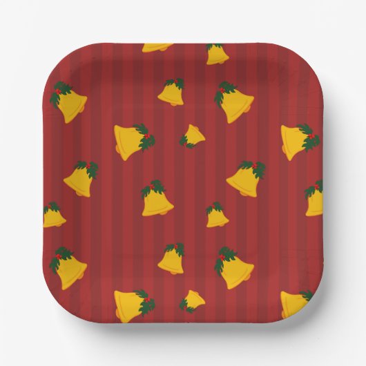 Holiday Red Gold Stripe Bells Christmas Pappteller (Vorderseite)