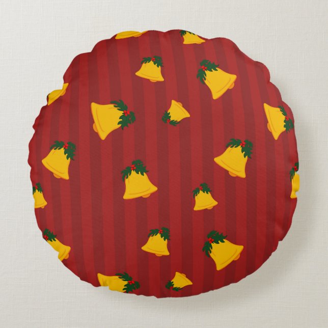 Holiday Red Gold Stripe Bells Christmas Rundes Kissen (Vorderseite)