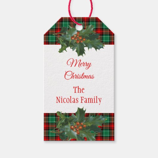 Holiday Red Green Kariert mit Holly Editable Geschenkanhänger (Vorderseite)