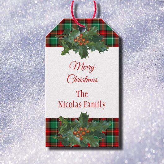 Holiday Red Green Kariert mit Holly Editable Geschenkanhänger