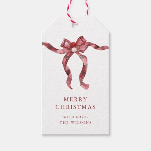 Holiday Red Kariert Bow Ribbon Weihnachtsgeschenke Geschenkanhänger (Vorderseite)