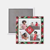 Holiday Red Kariert Foto Collage und Monogram Magnet (Vorderseite/Rückseite)