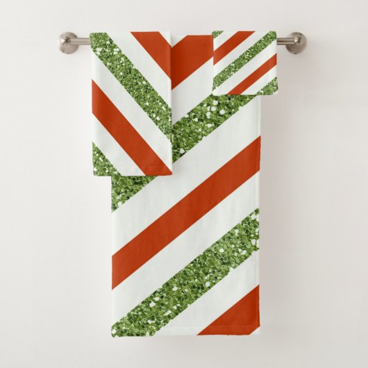 Holiday Red & Light Green Glitzer Streifen Badhandtuch Set (Insitu)