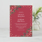 Holiday Red Poinsettia Gold Glitzer Wedding Einladung (Stehend Vorderseite)
