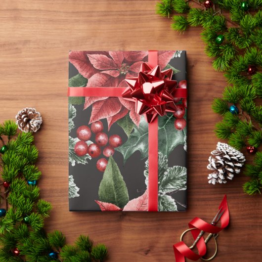 Holiday Red Poinsettias Pine Greenery Xmas Geschenkpapier (Feiertagsgeschenk)