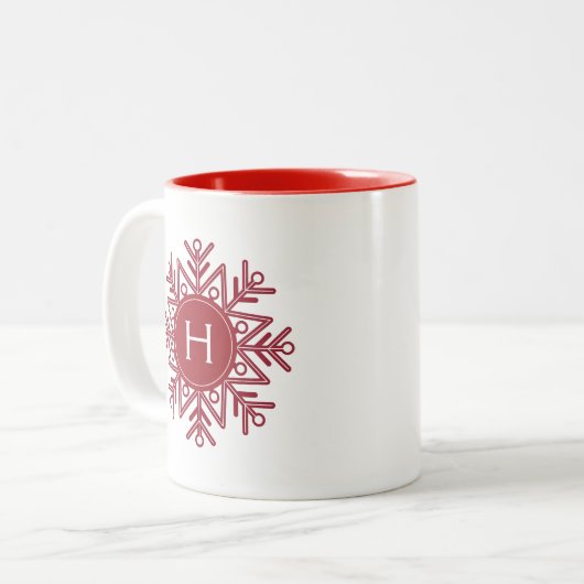 Holiday Red Snowflake Monogram Zweifarbige Tasse (Vorderseite Links)