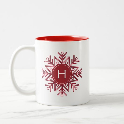 Holiday Red Snowflake Monogram Zweifarbige Tasse (Links)
