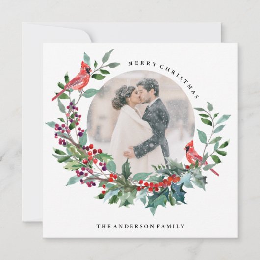 Holiday Robin Wreath Foto Card Feiertagskarte (Vorderseite)