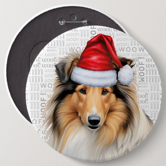 Holiday Rough Collie Dog on Woof Background Button (Vorne & Hinten)