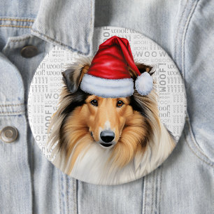 Holiday Rough Collie Dog on Woof Background Button