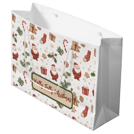 Holiday Santa Gift Bag – Whimsical Design Große Geschenktüte (Vorderseite Schrägansicht)