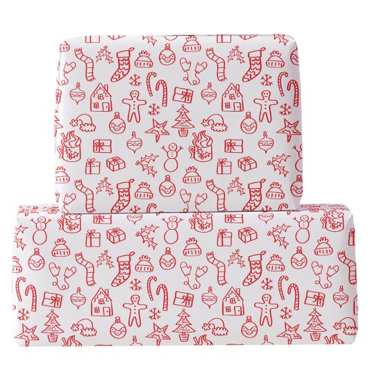 Holiday Scribble Doodle Red und White Geschenkpapier