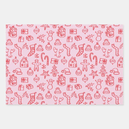 Holiday Scribble Doodle Rot und Rosa Geschenkpapier Set (Vorderseite 2)