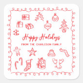 Holiday Scribble Illustration Doodle Red and White Quadratischer Aufkleber (Vorderseite)